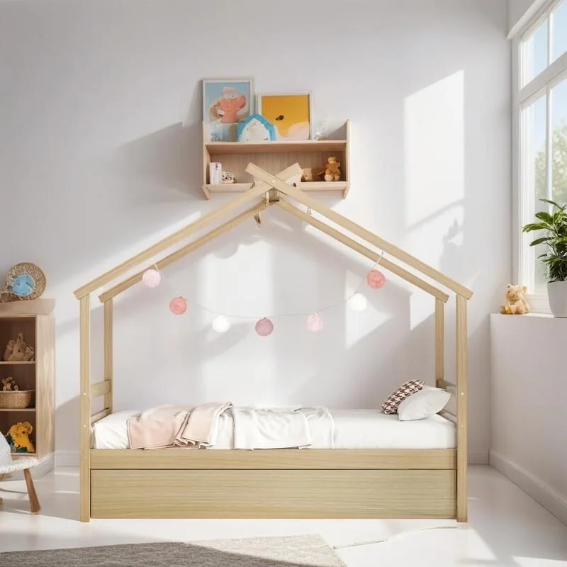 Twin Size House-shaped Bed with Trundle, Wooden Bed for Kids, Platform Bed with Headboard and Footboard, Natural