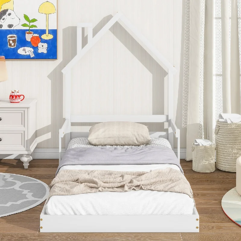 Twin Size House-Shaped Headboard Floor Bed with Handrails for Kids, Teens, Girls, Boys Space-Saving, Easy Assembly