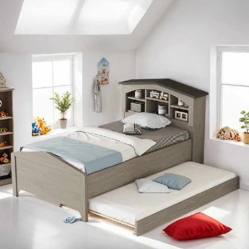 Twin Size House Shaped Platform Bed with Trundle, Pine Wood Kids Bed Frame with Storage Headboard for Bedroom, Grey