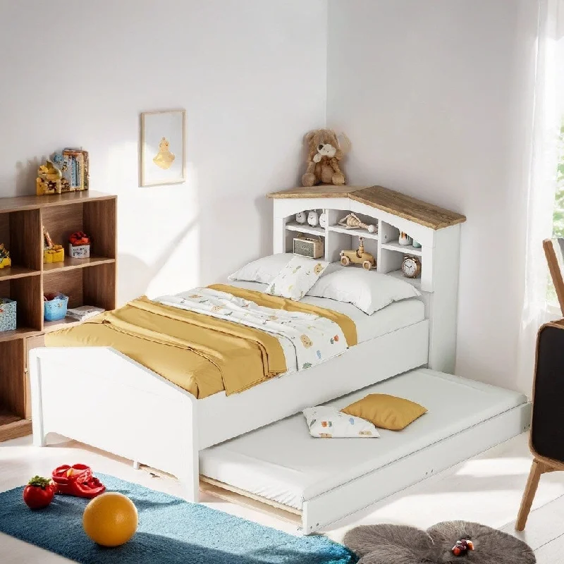 Twin Size House Shaped Platform Bed with Trundle, Pine Wood Kids Bed Frame with Storage Headboard for Bedroom, White