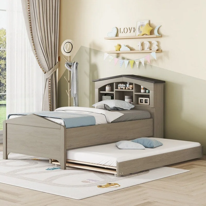 Twin Size House-shaped Storage Platform Bed with Headboard and Trundle,Grey