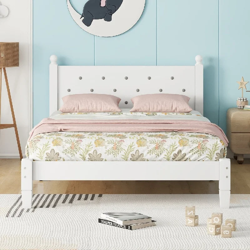 Twin Size Platform Bed with Button-Decoration Headboard and Bed Slats