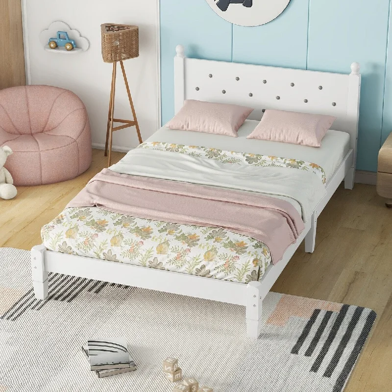 Twin Size Platform Bed with Button-Decoration Headboard and Wood Slats