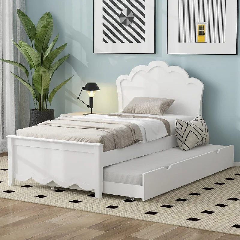 Twin Size Platform Bed with Twin Size Trundle Bed, Pine Wood Bed with Headboard and Footboard