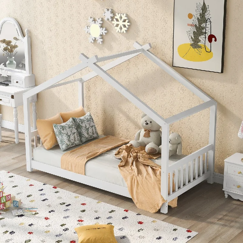 Twin Size Platform Bed Wood Slatted Frame Creativity House Bed with Headboard and Footboard & Roof Design for Kids Teens