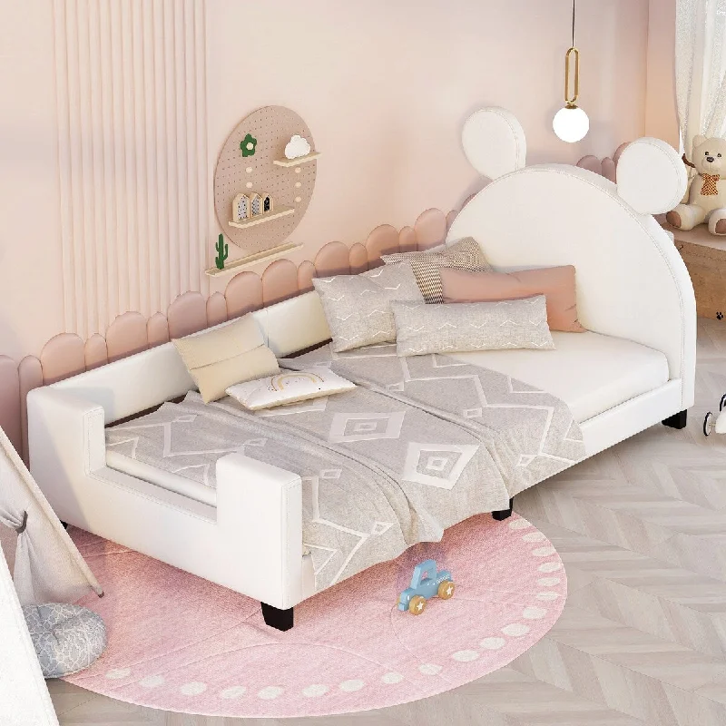 Twin Size PU Leather Upholstered Daybed Kids Platform Bed with Carton Ears Shaped Headboard Style Design, Easy to Assemble