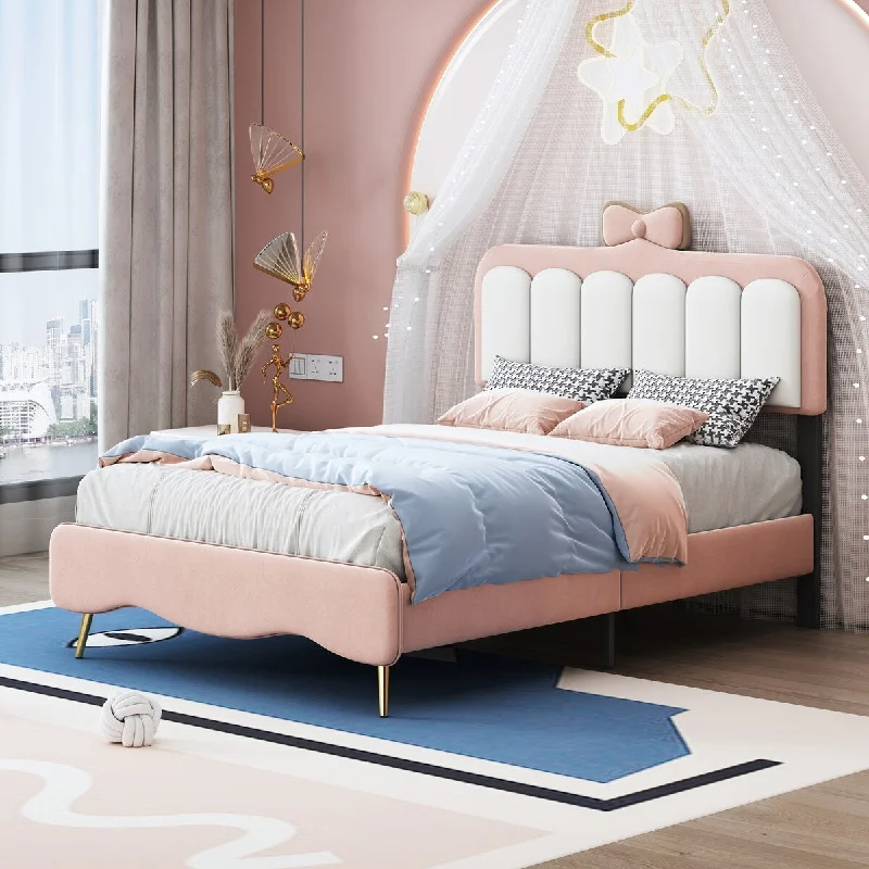 Twin Size Soft Velvet Fabric Platform Bed With Bow-Knot Headboard and Footboard