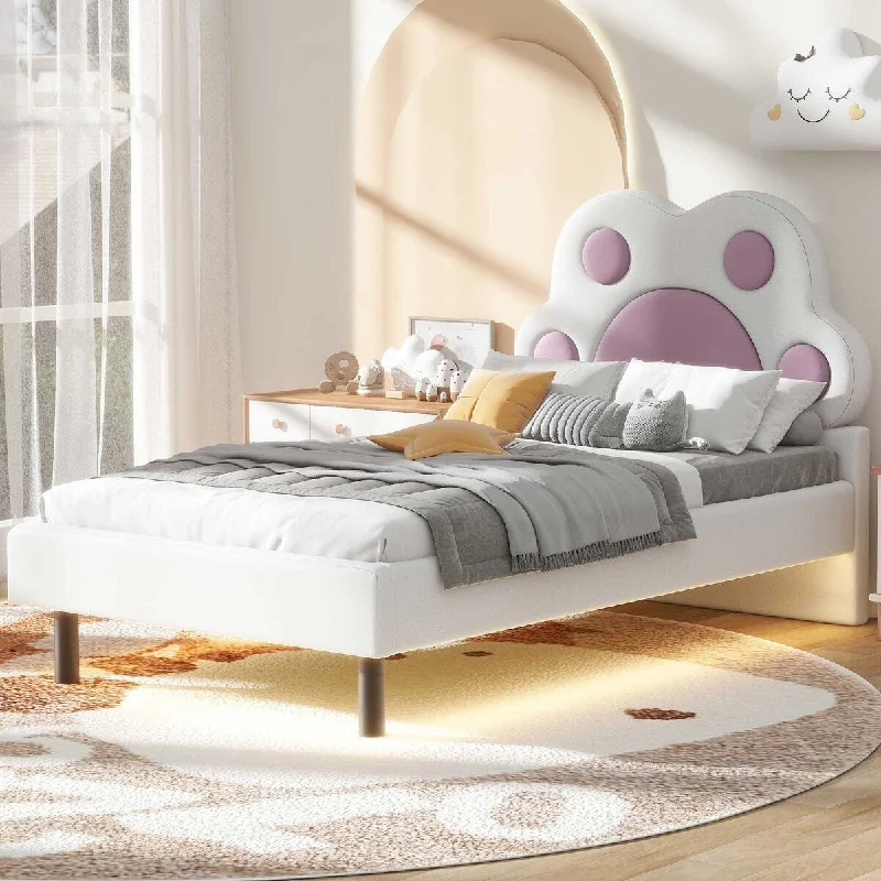 Twin Size Upholstered Platform Bed with Animal Paw Shaped Headboard and LED For Kids