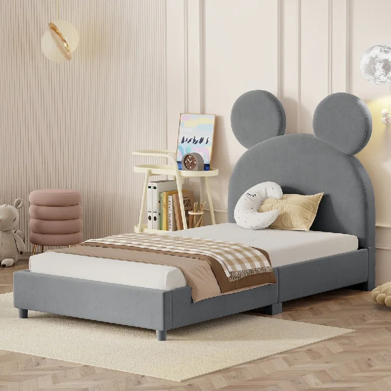 Twin Size Upholstered Platform Bed with Bear Ear-Shaped Headboard and Wood Slats for Kids