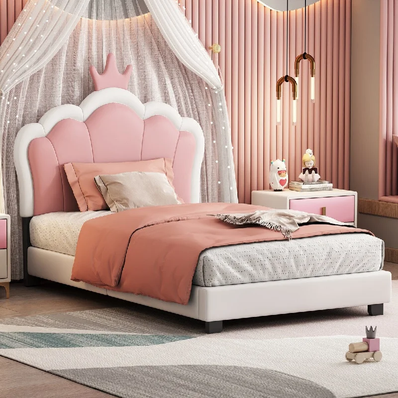 Twin size Upholstered Platform Bed with Crown Headboard and Footboard