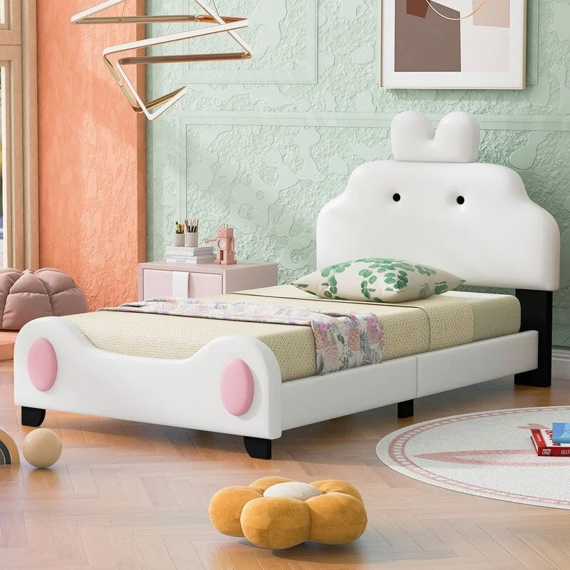 Twin Size Upholstered Platform Bed with Sturdy Cartoon Headboard and Footboard - Cute and Convenient