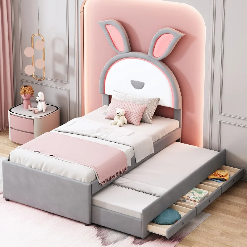 Twin Size Upholstered Platform Bed with Trundle, 3 Drawers, Rabbit-Shaped Headboard and Embedded LED Lights, Grey