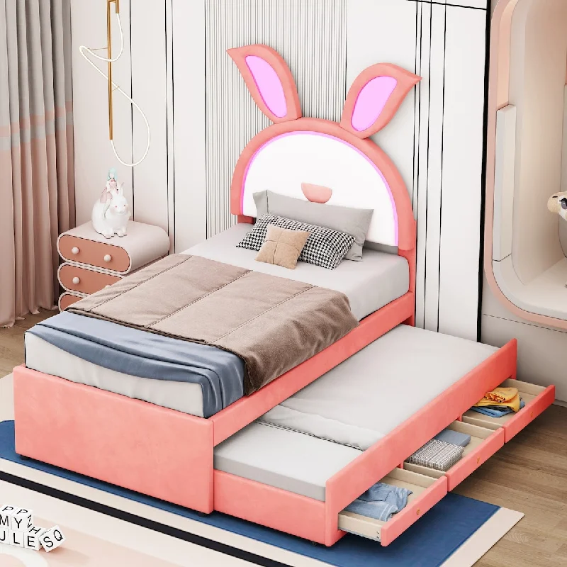 Twin Size Upholstered Platform Bed with Trundle, 3 Drawers, Rabbit-Shaped Headboard and Embedded LED Lights, Pink