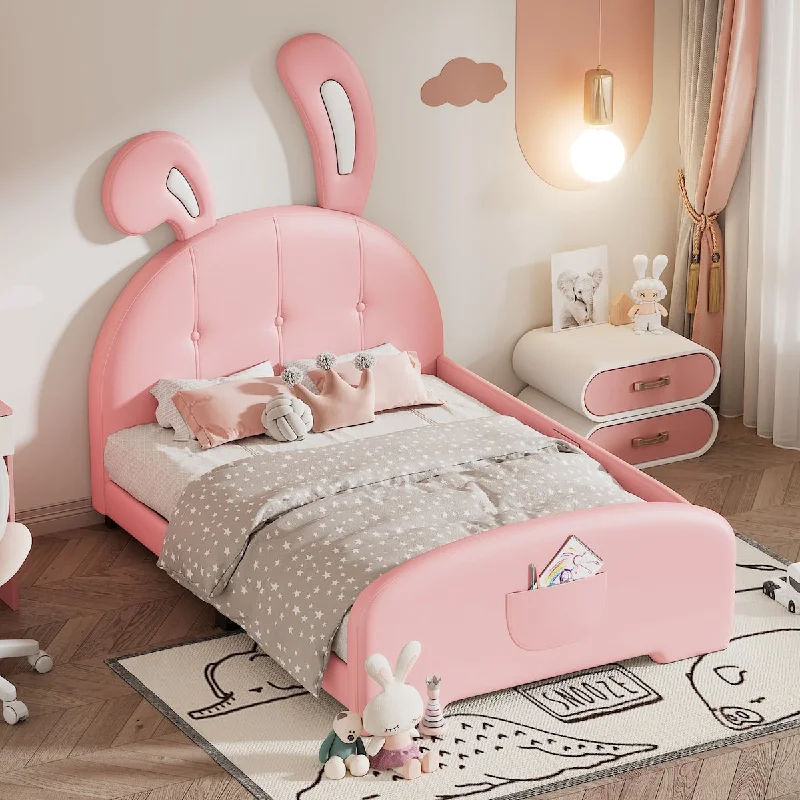 Twin size Upholstered Rabbit-Shape Princess Bed ,Twin Size Platform Bed with Headboard and Footboard,Pink