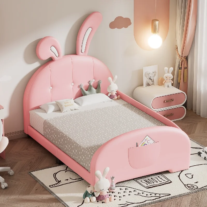 Twin size Upholstered Rabbit-Shape Princess Bed ,Twin Size Platform Bed with Headboard and Footboard,Pink