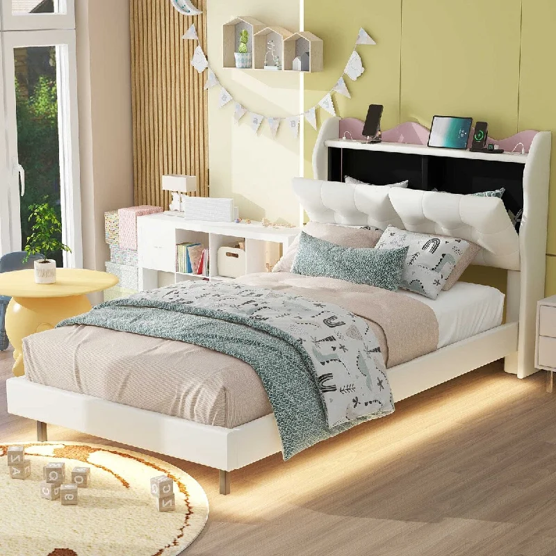 Twin Size Upholstery Platform Bed Frame with LED Light Strips,Headboard Storage Space and USB,Beige