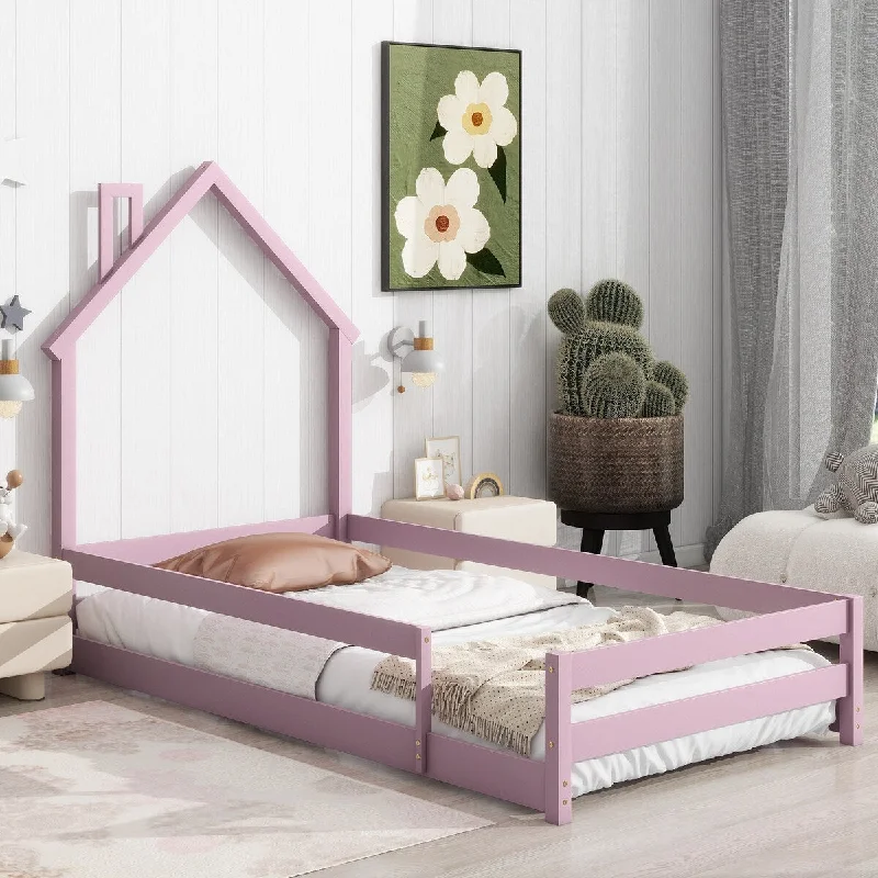 Twin Size Wood Bed Platform With Guardrails Design,With House-shaped Headboard Floor Bed With Fences