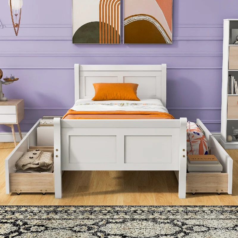 Twin Size Wood Platform Bed w/ 4 Drawers & Streamlined Headboard & Footboard Storage Bed Frame for Kids, Teens, White