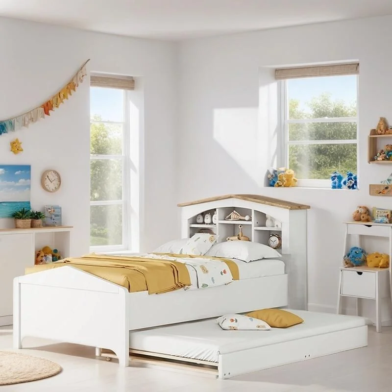 Twin Size Wood Platform Bed with House-shaped Storage Headboard and Trundle Kids Bed