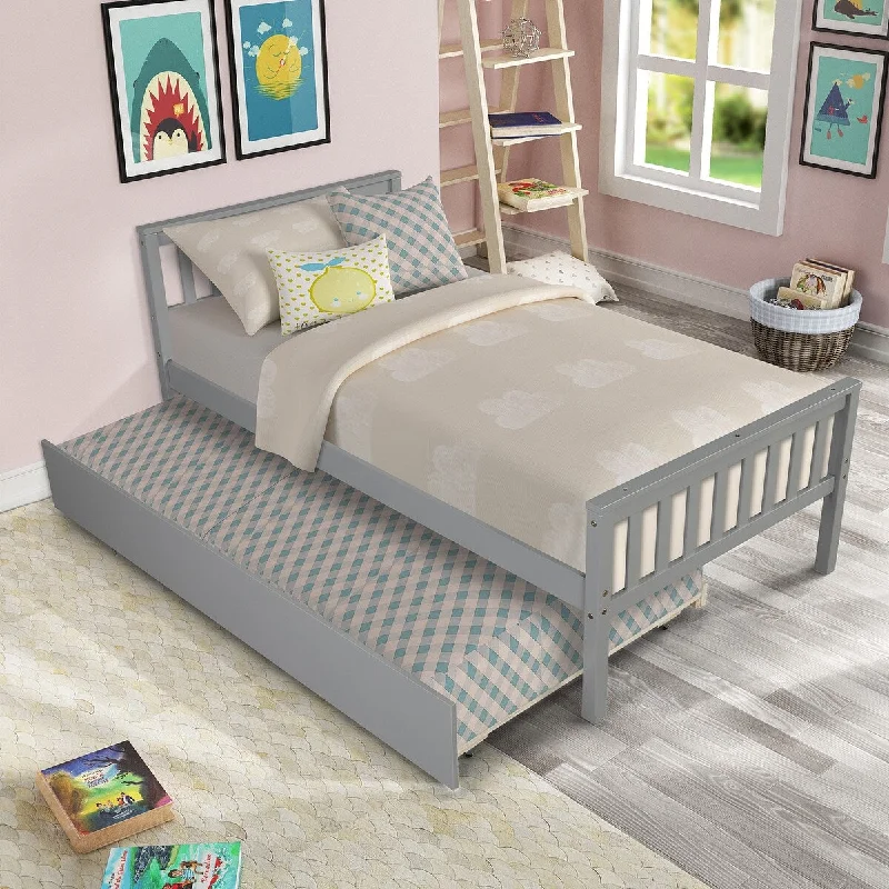 Twin Space-Saving Platform Bed Frame With Pull-out Trundle For Guest,Headboard And Footboard,No Box Spring Needed