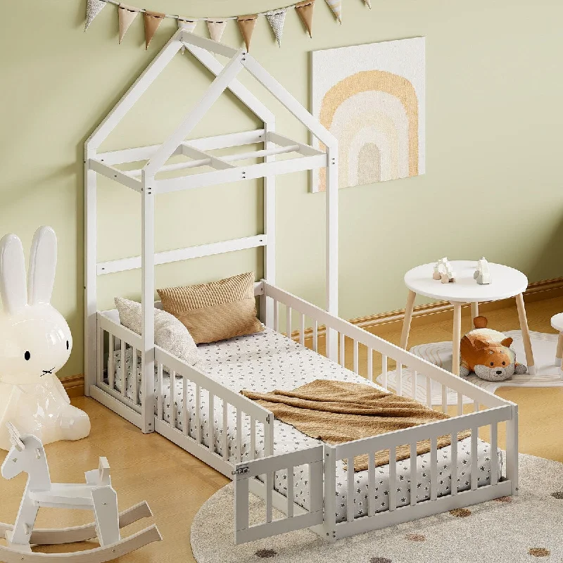 Twin Wooden Children's Bed with Detachable Headboard and Integrated Clothes Drying