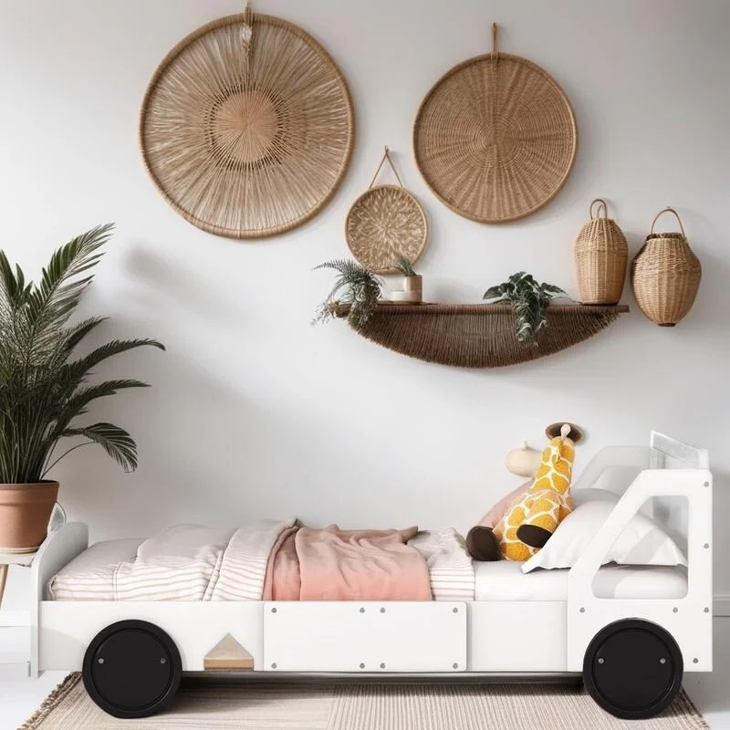 Unique Design Full Size Car-Shaped Bed with Wheels, Platform Bed with Headboard and Footboard for Kids and Teenagers, White