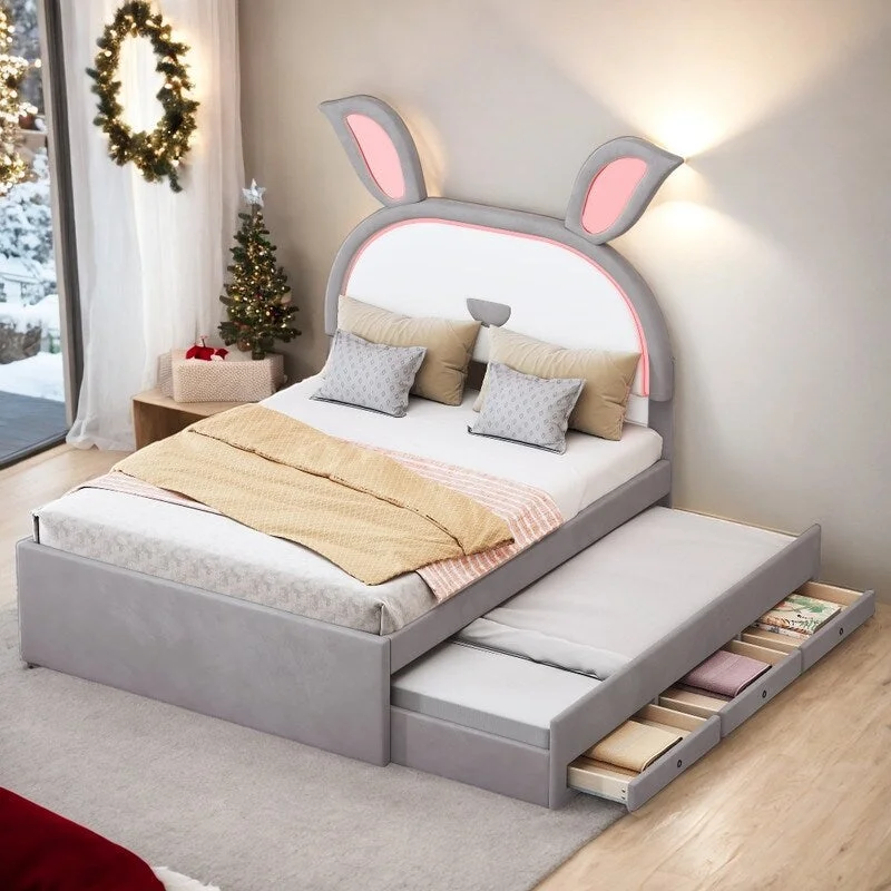 Upholstered Platform Bed Rabbit-Shaped Headboard with Embedded LED Lights and 3 Drawers