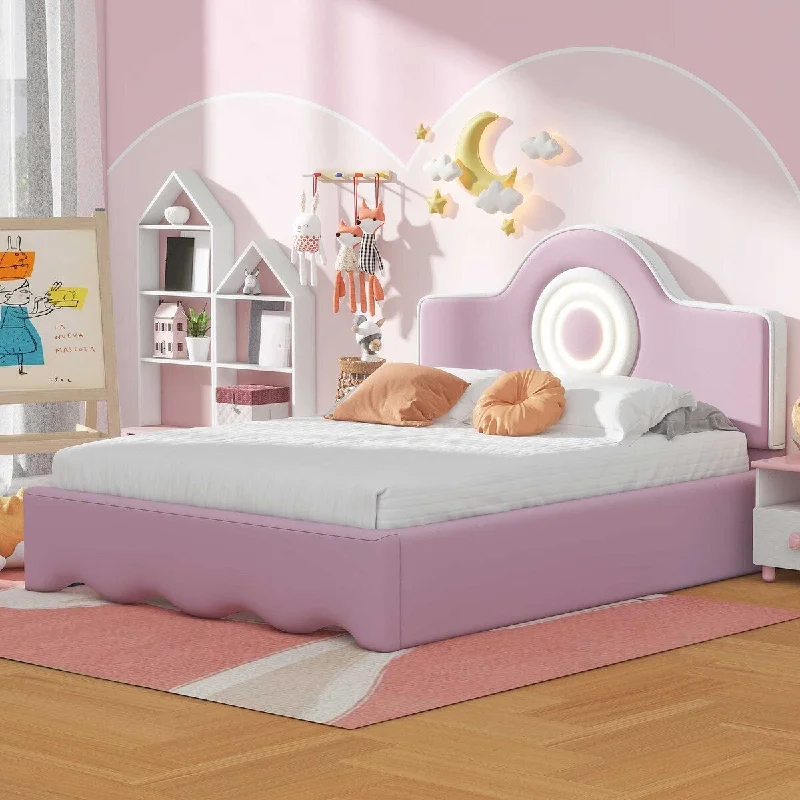 Wave Design Full Size Upholstered Platform Bed with LED Headboard For Kids