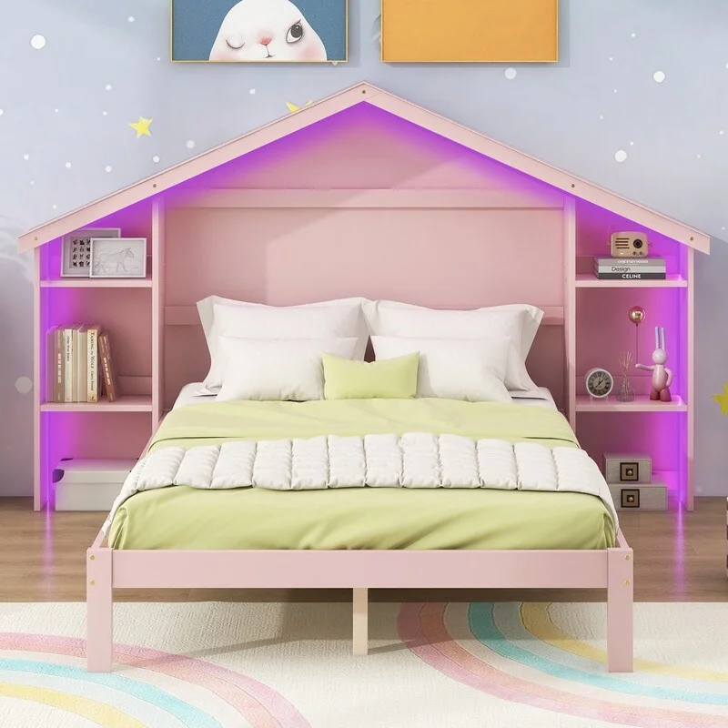 Wood Full Size Platform Bed with House-shaped Storage Headboard and Built-in LED Kids Bed