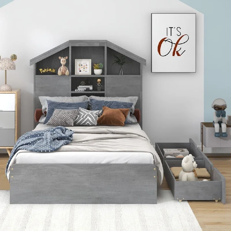 Wood Platform Bed with House-shaped Storage Headboard and 2 Drawers