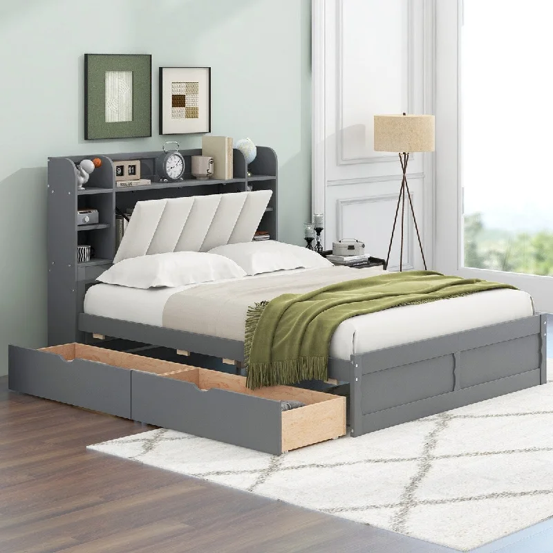 Wood Platform Bed with Shelves, Storage Headboard and 2 Drawers, Queen Size