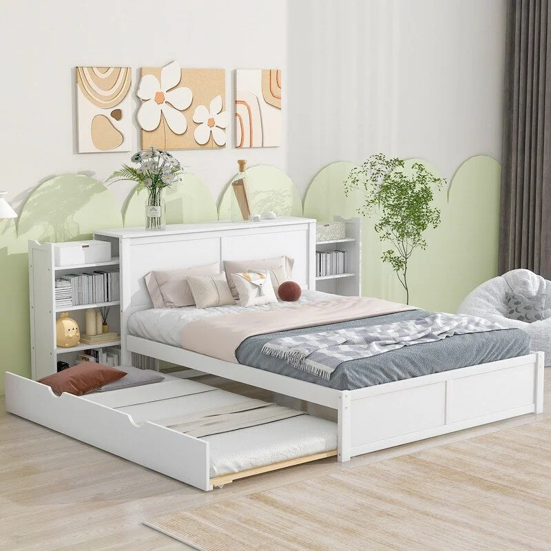 Wood Storage Platform Bed with Trundle, Headboard &Pull Out Shelves