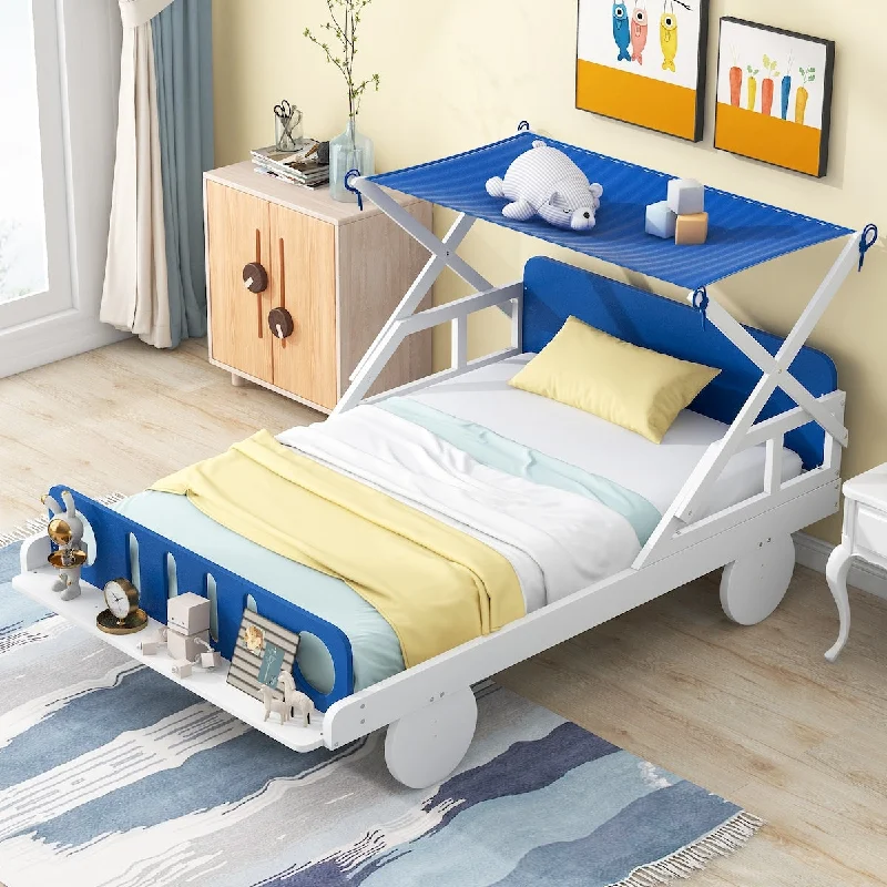 Wood Twin Size Car Bed with Ceiling Cloth - Sturdy Wood Frame, Headboard with Guardrails, Footboard with Storage Shelf