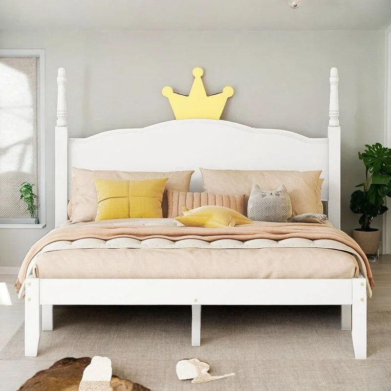 Wooden Full Size Platform Bed with Crown Shaped Headboard and Support Legs