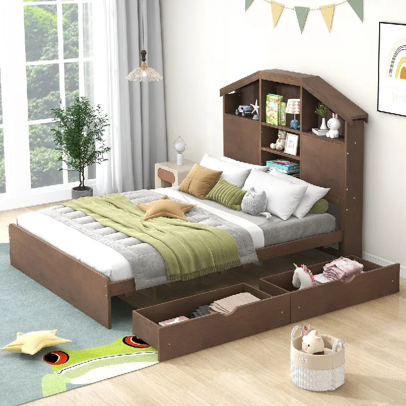 Wooden Platform Bed with Storage Headboard and 2 Drawers, Full Size