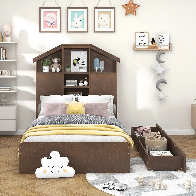 Wooden Twin Size Platform Bed with Storage Headboard and 2 Drawers