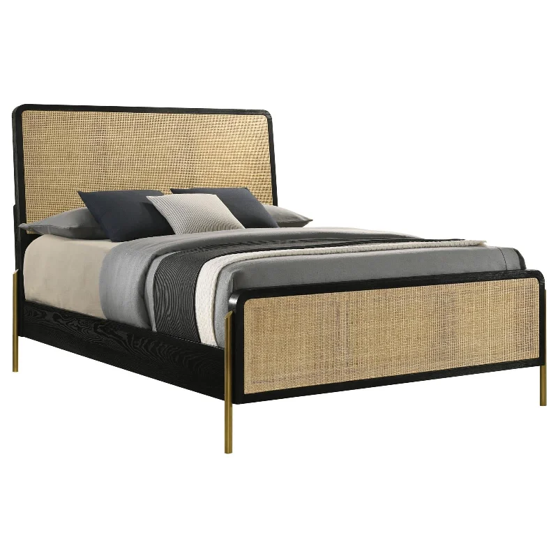 Arini Eastern King Bed with Woven Rattan Headboard Black and Natural