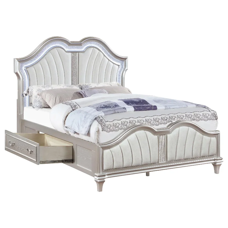 Evangeline Queen Storage Bed with LED Headboard Silver Oak and Ivory